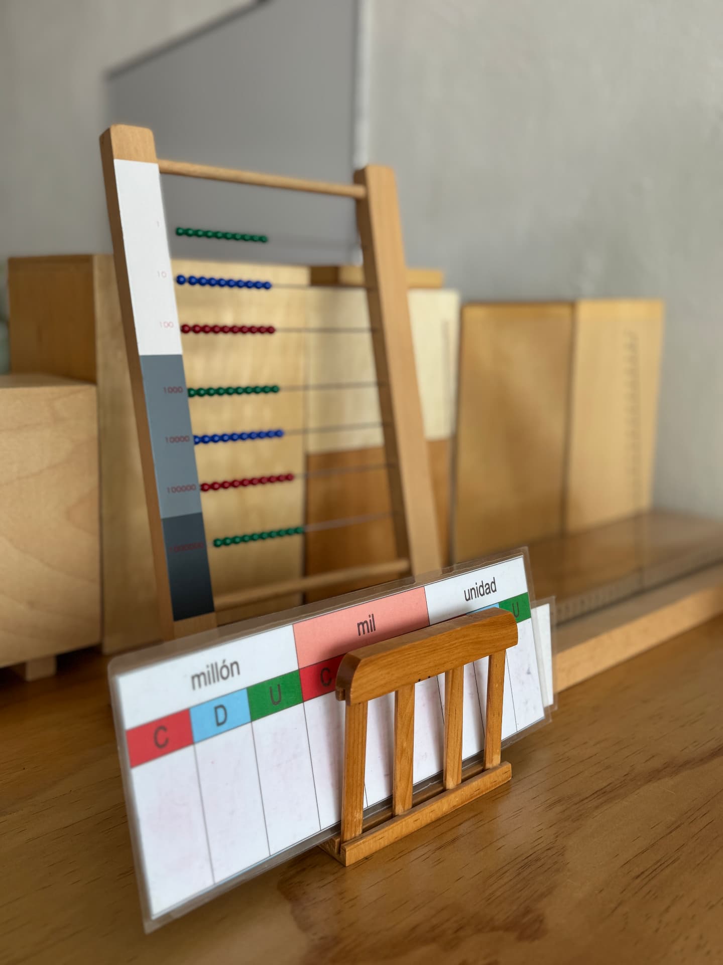 Material Montessori de matemáticas con ábaco y jerarquía numérica